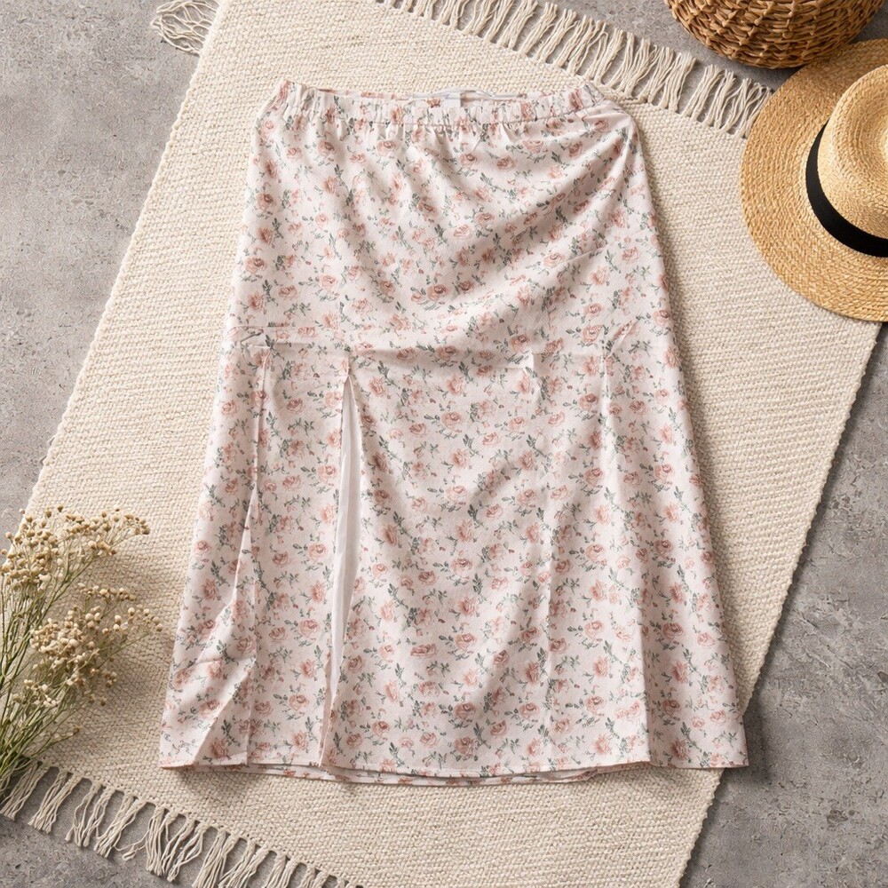Rosie Posie Skirt Womens Size M Ivory Floral Satin Midi Side Slit Lined - Picture 2 of 5